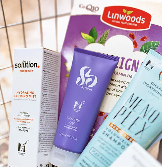 Menopause-friendly skincare, intimate care and nutrition products displaying the MTick