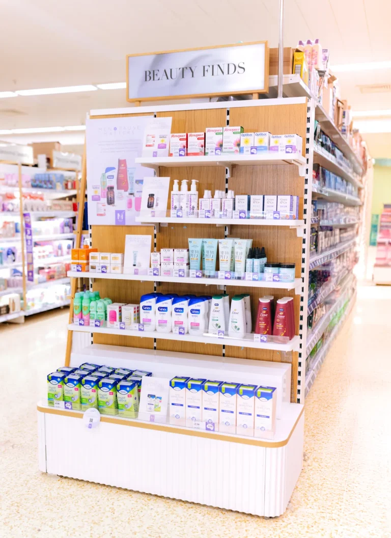 MTick menopause-friendly products on a Sainsbury’s Beauty Finds display